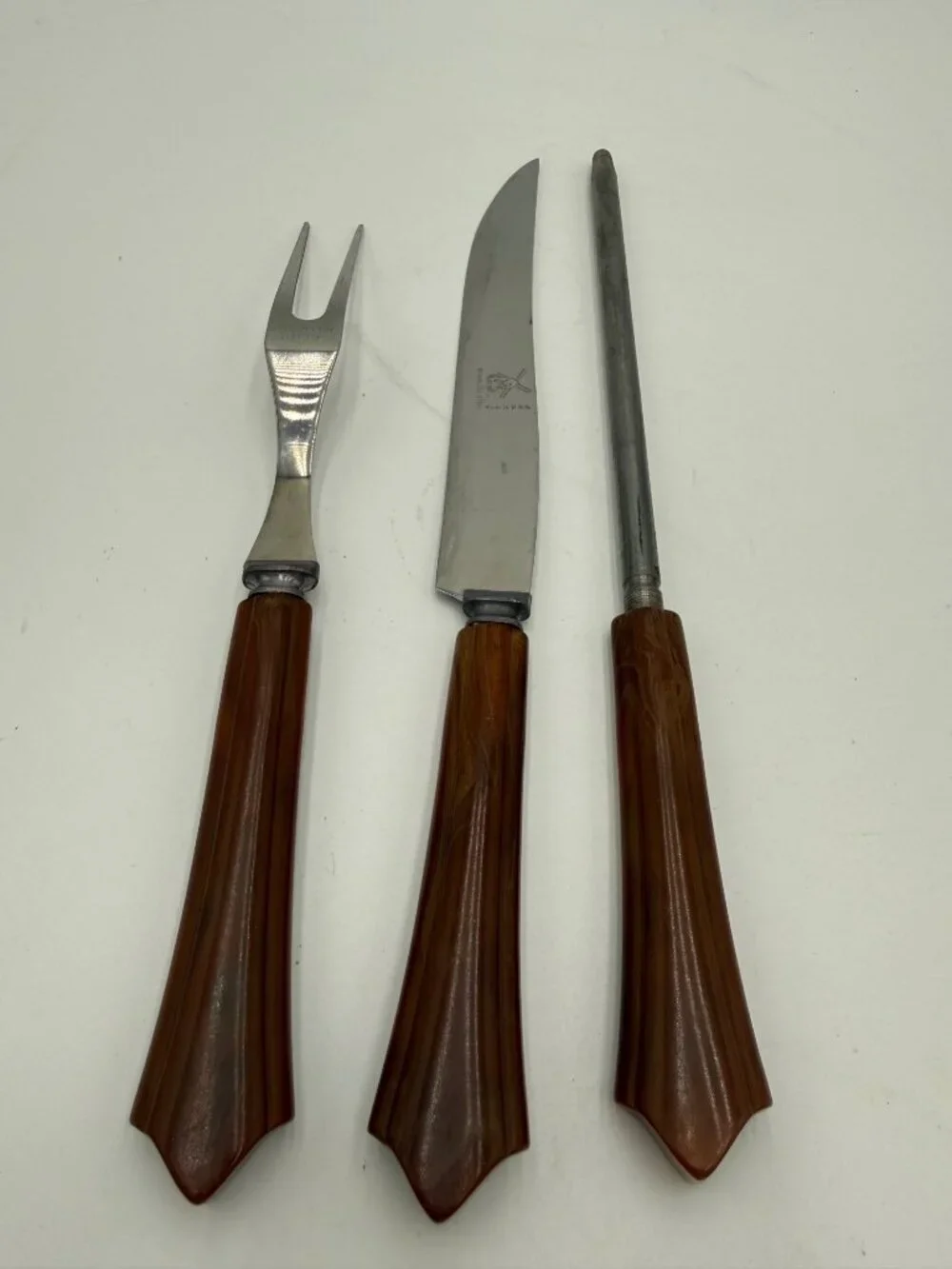 Vintage 3-Piece Carving Set Bakelite Handles Stainless Steel Fork Knife Sharpeni